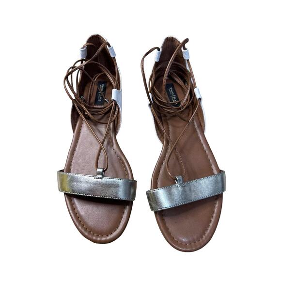 White House Black Market‎ White Silver Lace Up Open Toe Strappy Flats Size 7.5 - Picture 3 of 9